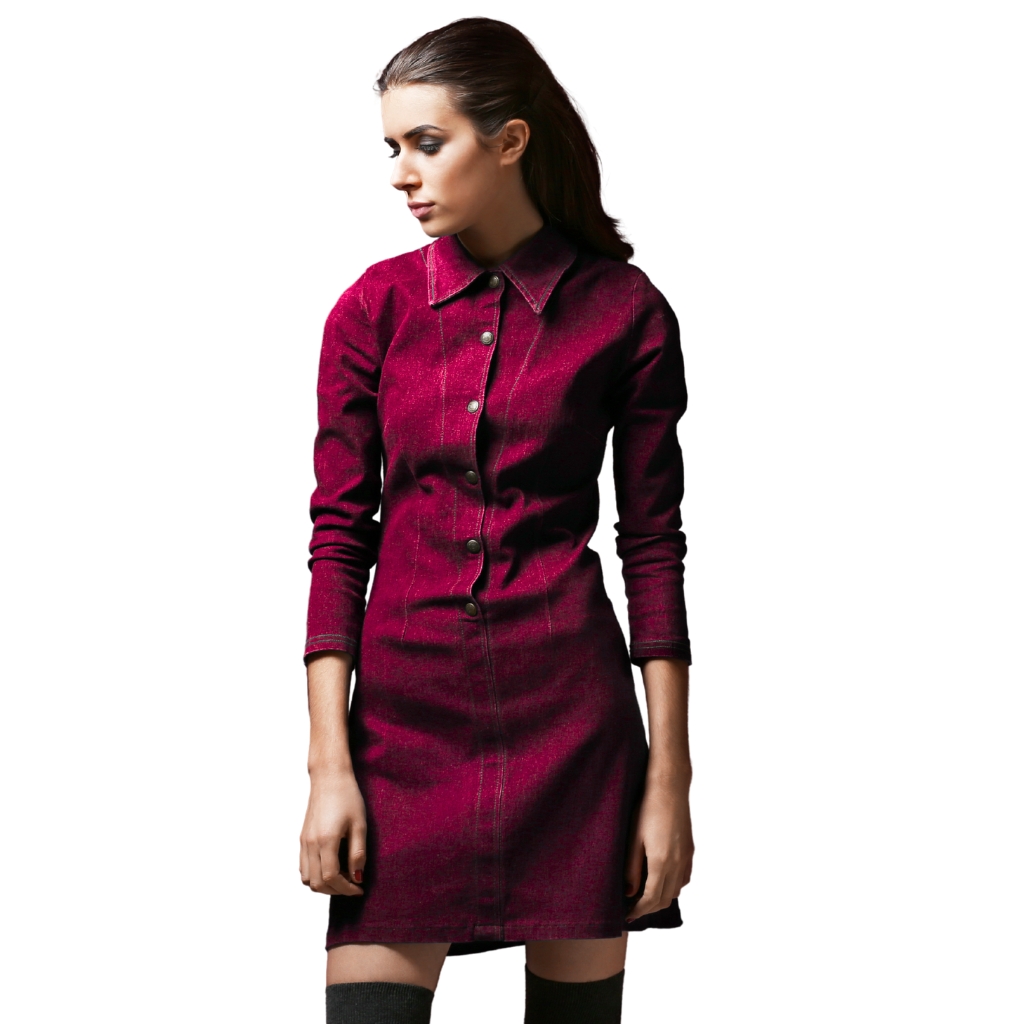 A young woman with long dark hair wearing a fitted, long-sleeve, button-up, dark red (burgundy) denim dress. She is standing against a plain white background with her head slightly turned downward and her arms relaxed by her sides.